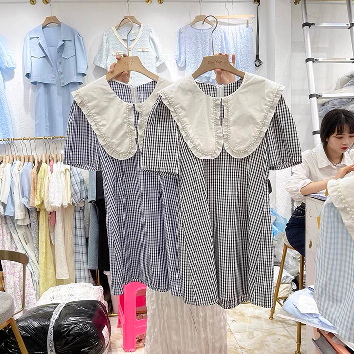 连衣裙法式复古格子娃娃领短袖仙女超仙森系温...