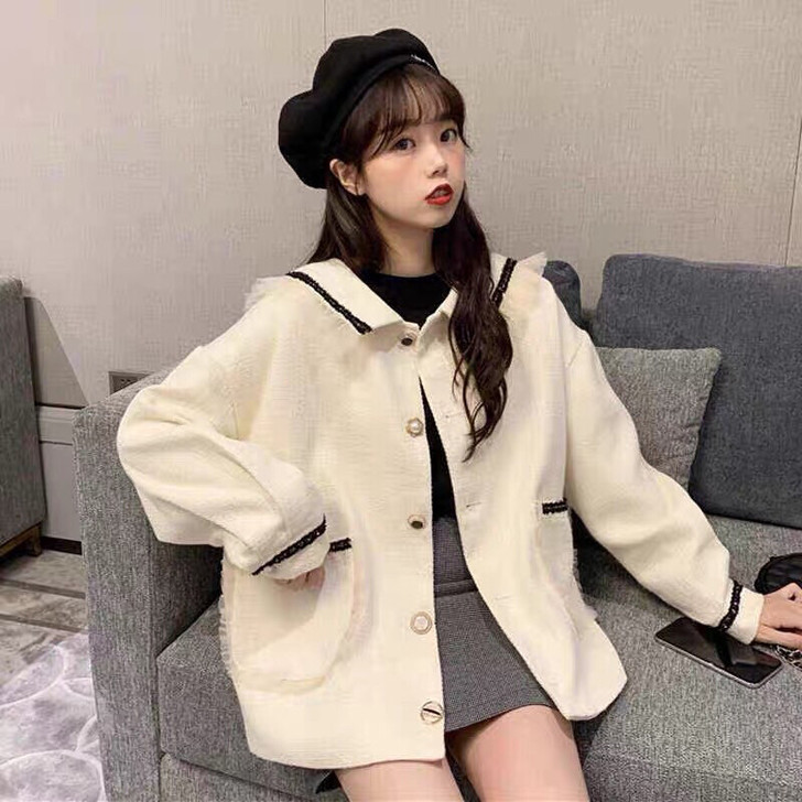 法式chic气质POLO领单排扣宽松直筒长...