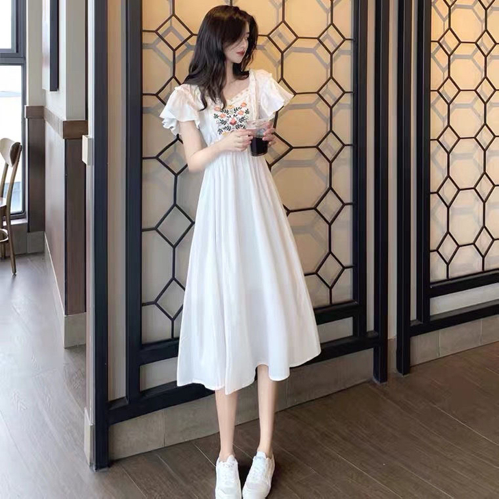 长裙过膝仙气超仙女森系小个子法式桔梗裙初恋...