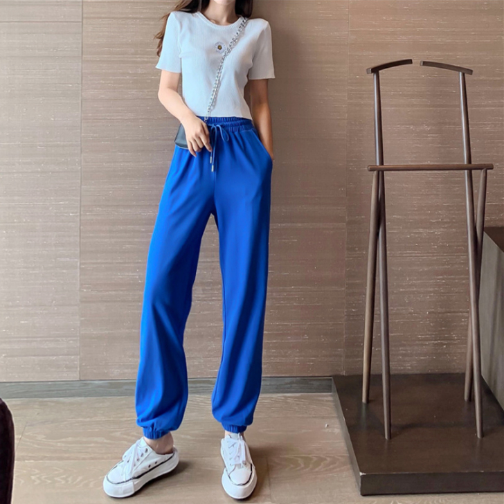 欧美运动裤女宽松束脚夏款宝蓝色街头休闲卫裤...