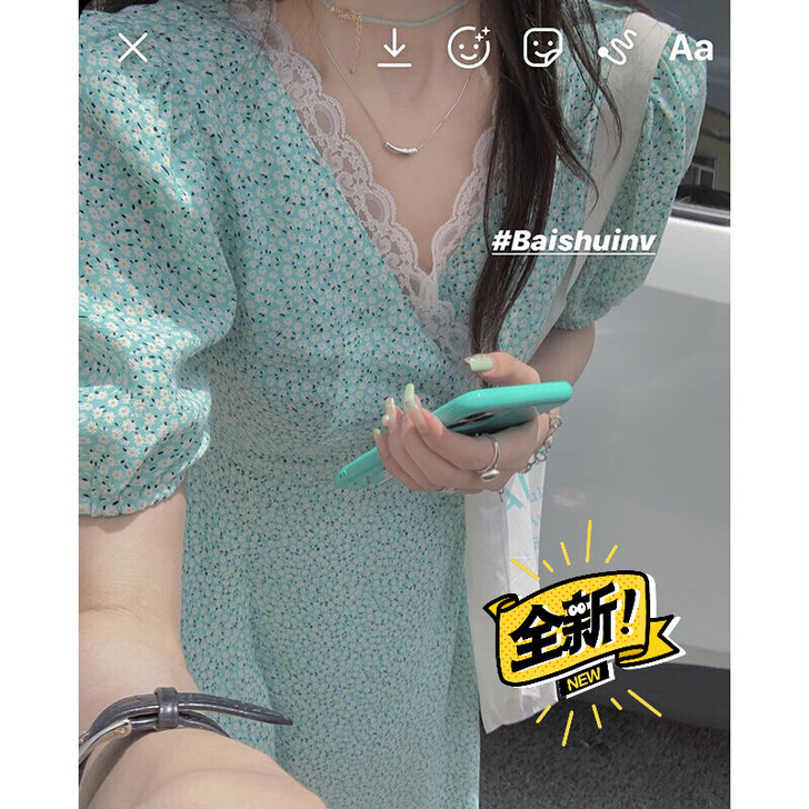 碎花泡泡袖连衣裙女S码荷叶边开叉绿色长裙
