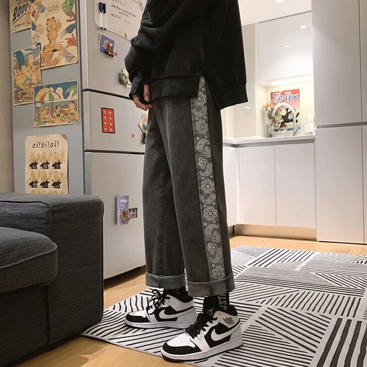 腰果花牛仔裤男直筒宽松春季百搭韩版潮流休闲...