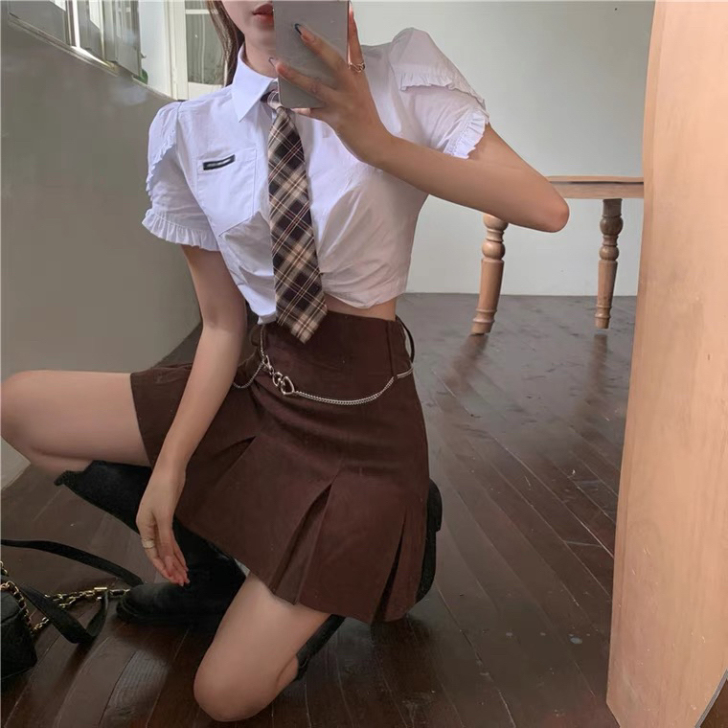 衬衫女设计感小众短款白色短袖格子领带衬衣夏...