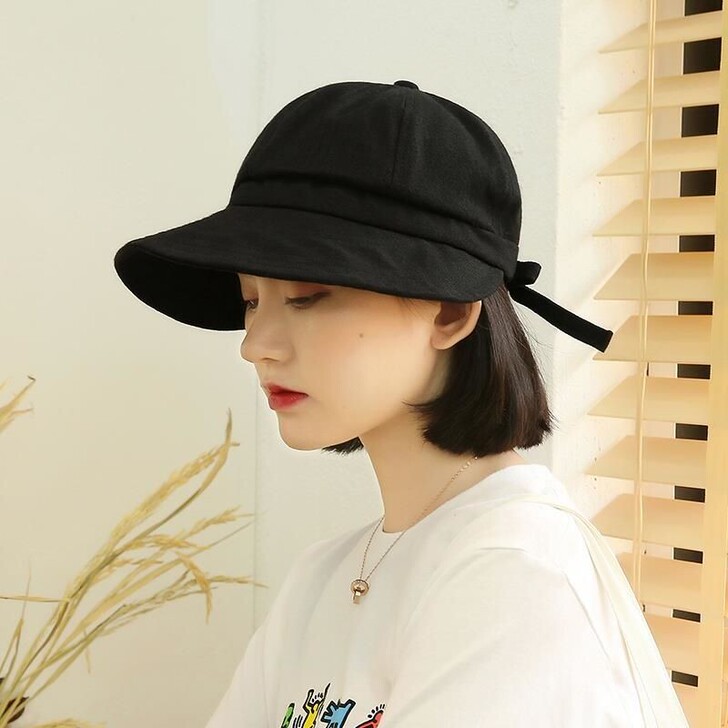 大檐长带遮阳帽子女夏天防晒黑色韩版百搭in...