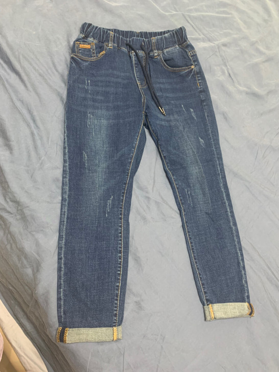 NIDI松紧腰牛仔裤，做旧牛仔裤，复古蓝牛...