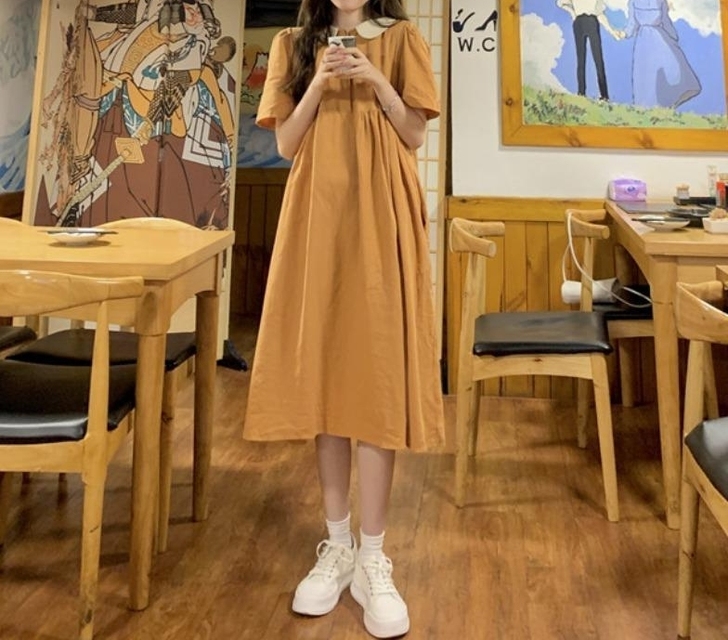 娃娃领连衣裙女装夏季2021新款法式桔梗初...