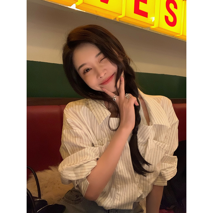 力挺中国棉！林珊珊 法式复古假两件条纹衬衫