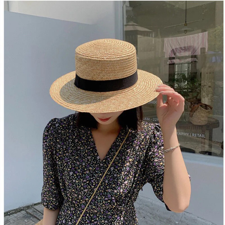 韩版草帽女夏天英伦复古平顶小清新礼帽遮阳防...