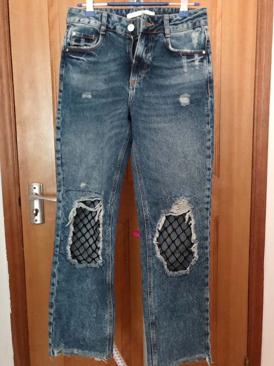 Zara膝盖破洞渔网蓝色牛仔裤女 穿过一次...