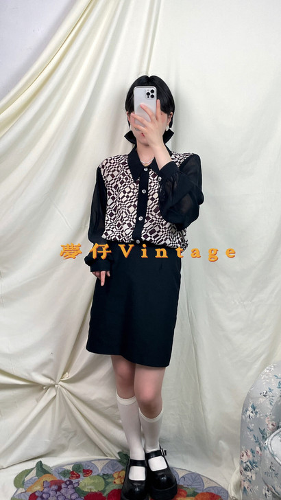 Vintage古着复古日系港风黑咖拼色格纹...