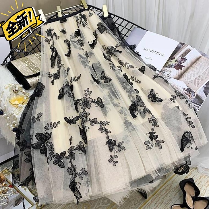 【全新】高腰半身裙刺绣仙女网纱重工长裙