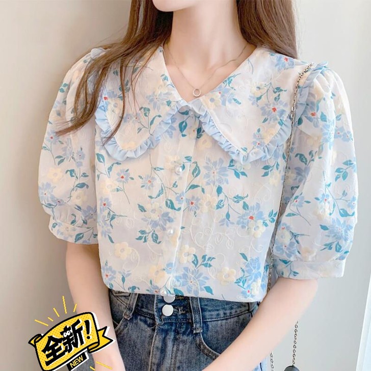 泡泡袖娃娃领碎花衬衫女装夏装2021年新款...