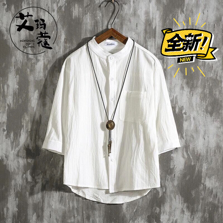 男士宽松中国风亚麻七分袖白衬衫男潮牌夏季大...