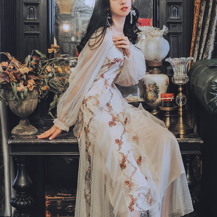 法式刺绣连衣裙超长裙到脚踝仙气公主裙礼服女...
