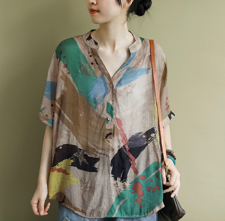 【新品】复古印花衬衫女中袖大码衬衣夏季宽松...