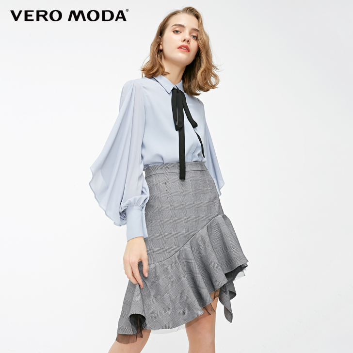Vero Moda千鸟格花色不对称裙摆半身...