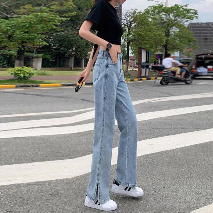 开叉阔腿牛仔裤女2021春夏韩版高腰直筒宽...