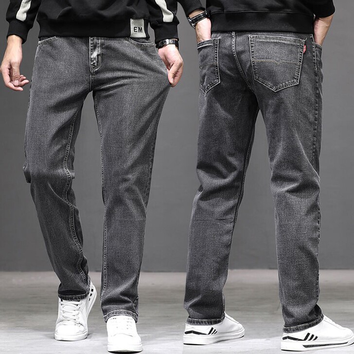 春夏季薄款男士烟灰色牛仔裤直筒宽松大码加大...