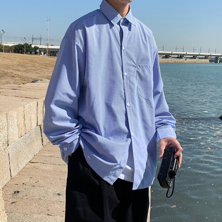 2021春季条纹长袖衬衫男士韩版潮流情侣宽...