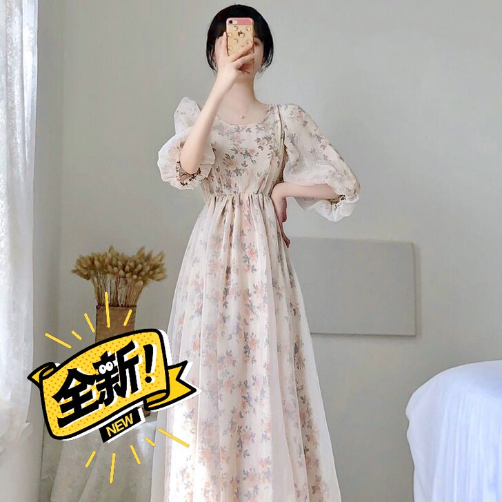 雪纺碎花长裙夏复古宫廷名媛温柔风高腰泡泡袖...