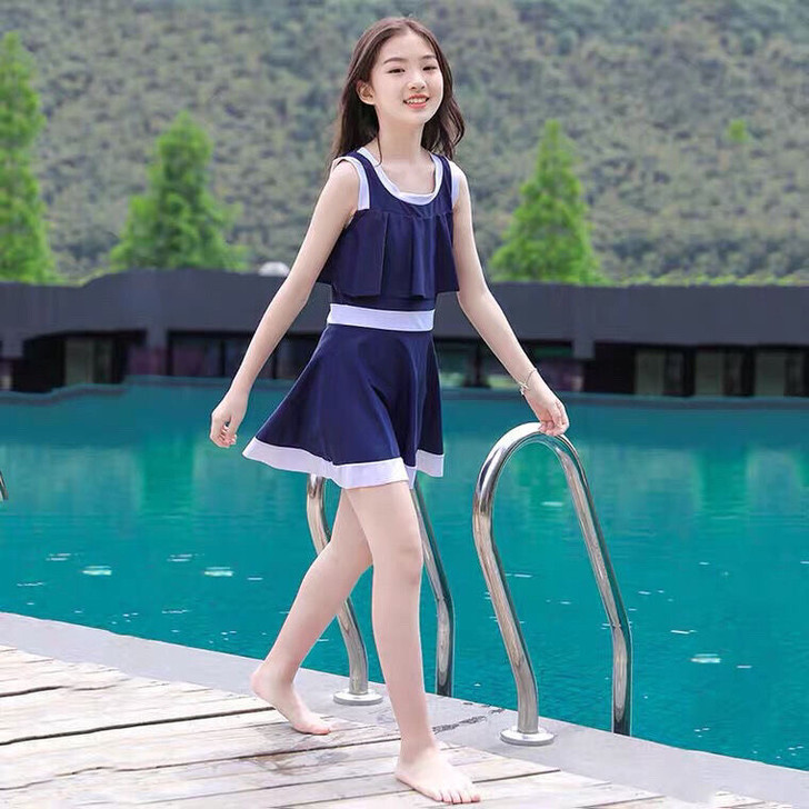 儿童泳衣女童韩版连体公主裙式中大童游泳衣女...