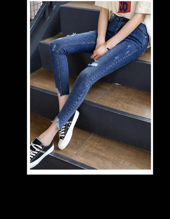 破洞修身牛仔裤铅笔裤~深蓝~尺码28