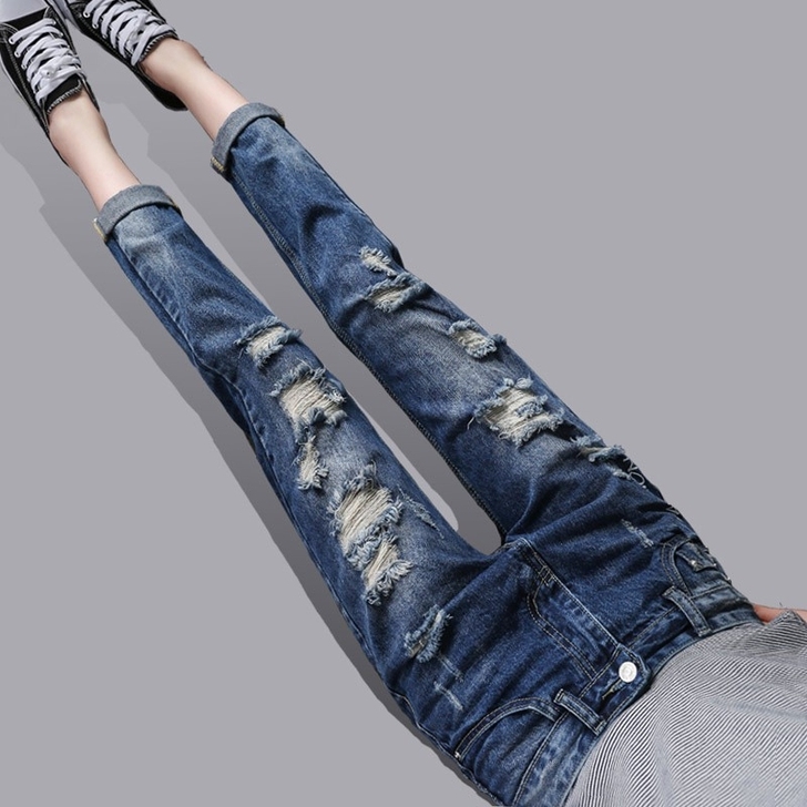 破洞牛仔裤女宽松九分裤