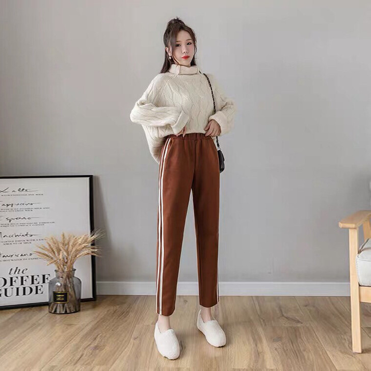 冬季新款纯棉松紧腰宽松休闲裤加绒加厚女条纹...