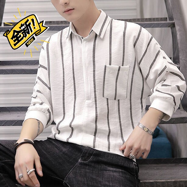 男士七分袖夏季宽松衬衫短袖白衬衣韩版学生半...