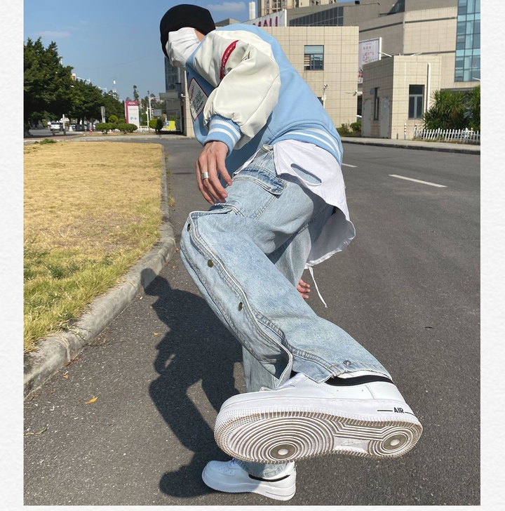 潮流立体风排扣裤子高街侧开叉洗水做旧牛仔裤...