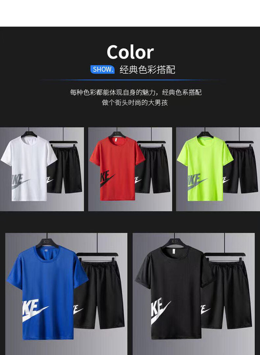 2021年夏季运动套装男士休闲速干冰丝短袖...