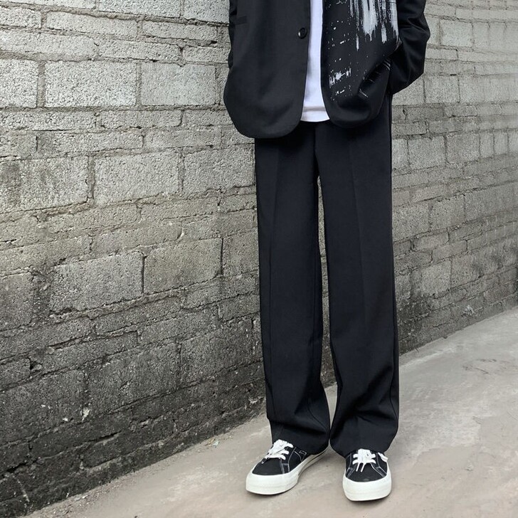 垂感西装阔腿裤男韩版潮流黑色宽松高街裤子直...