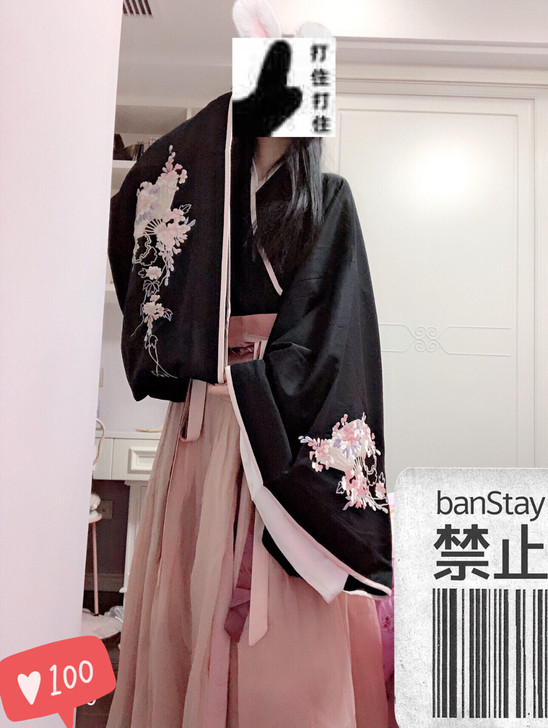 汉尚华莲交领襦裙双层齐腰折扇汉服一套（上襦...