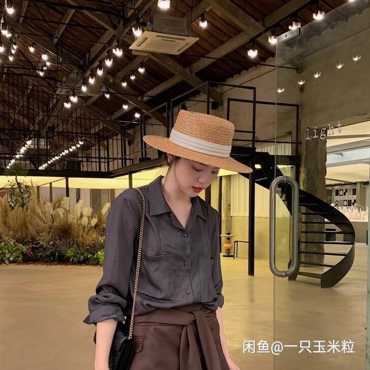 网红同款气质淑女时尚平顶草帽子女夏度假防晒...