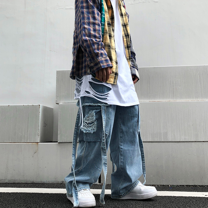 尾郎的店 高街飘带工装裤男潮牌ins设计感...