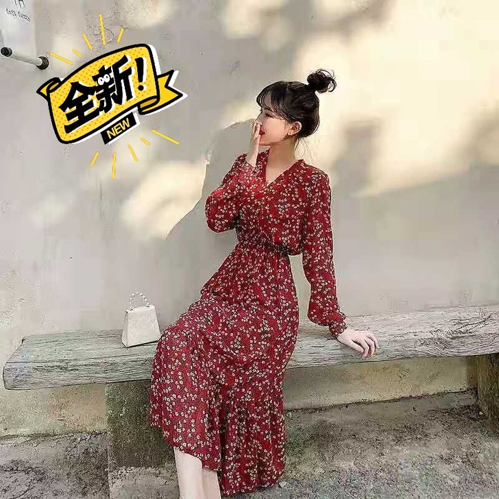 2021春季新款超仙海边度假沙滩裙春秋V领...