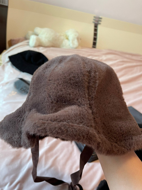 韩国复古绑带皮草渔夫帽 咖啡色 M (56...