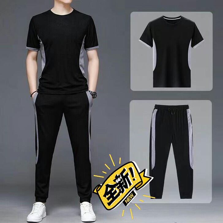 夏季休闲衣服男经典运动套装男时尚百搭拼接短...