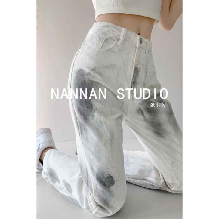 欧美扎染泼墨做脏牛仔裤女复古高腰宽松直筒裤...
