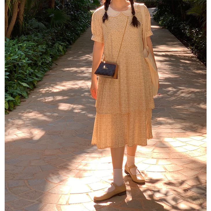 栀九月原创 黄色碎花连衣裙女2021夏季新...