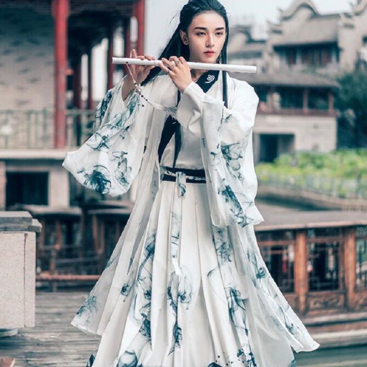 全新汉服魏晋风男女情侣交领齐腰套装水墨印花...