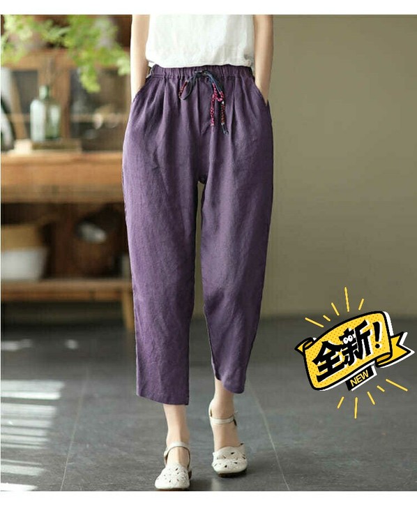 全新 棉麻裤子女松紧腰宽松休闲裤2021夏...