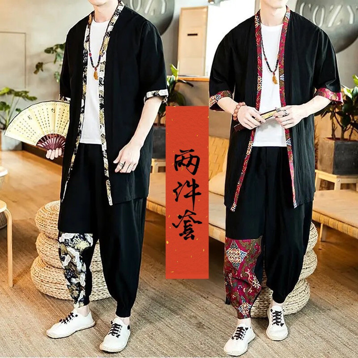 夏季佛系中国风男装套装复古风式唐装男潮牌宽...