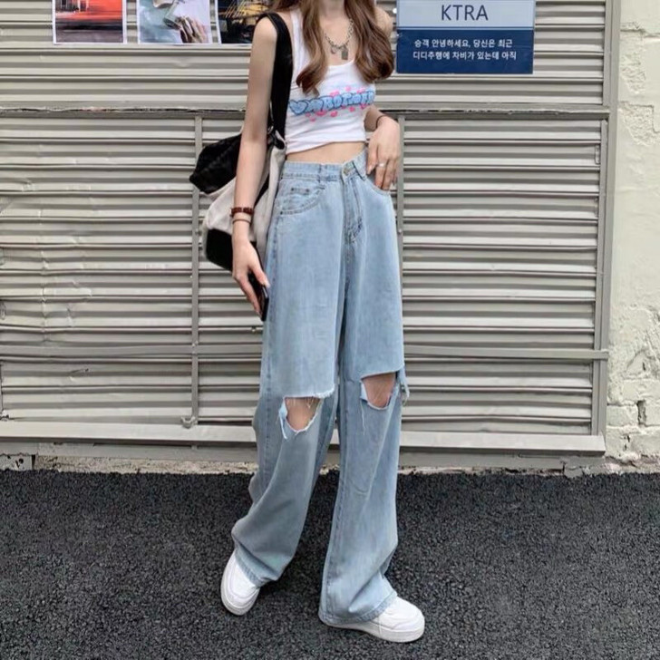 直筒破洞高腰阔腿牛仔裤 L码 九成新 图三...