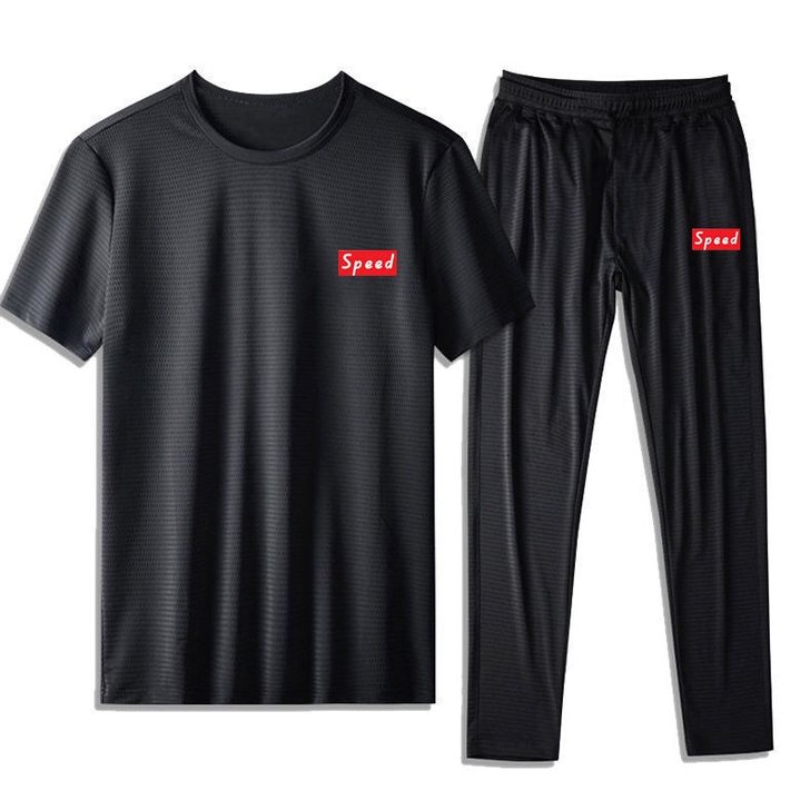 春夏季男装速干运动套装冰丝男士休闲套装中青...