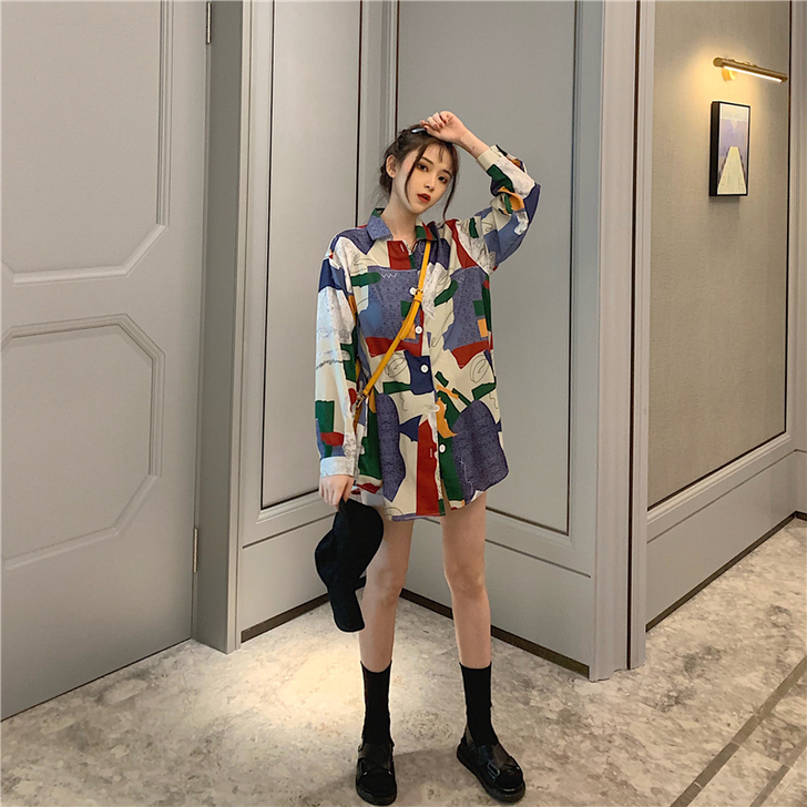 复古港风chic新款趣味印花轻薄复古设计宽...