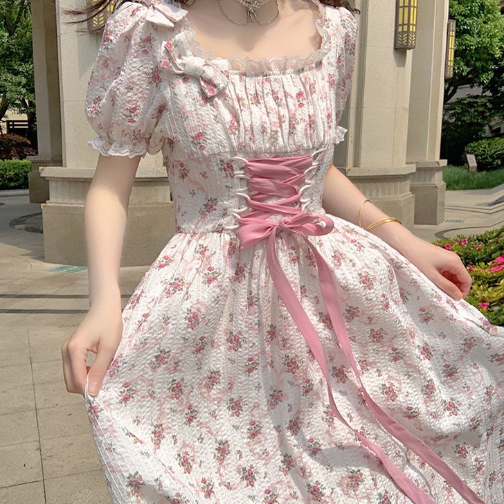 夏季人间水蜜桃 法式重工蝴蝶结高腰显瘦绑带...