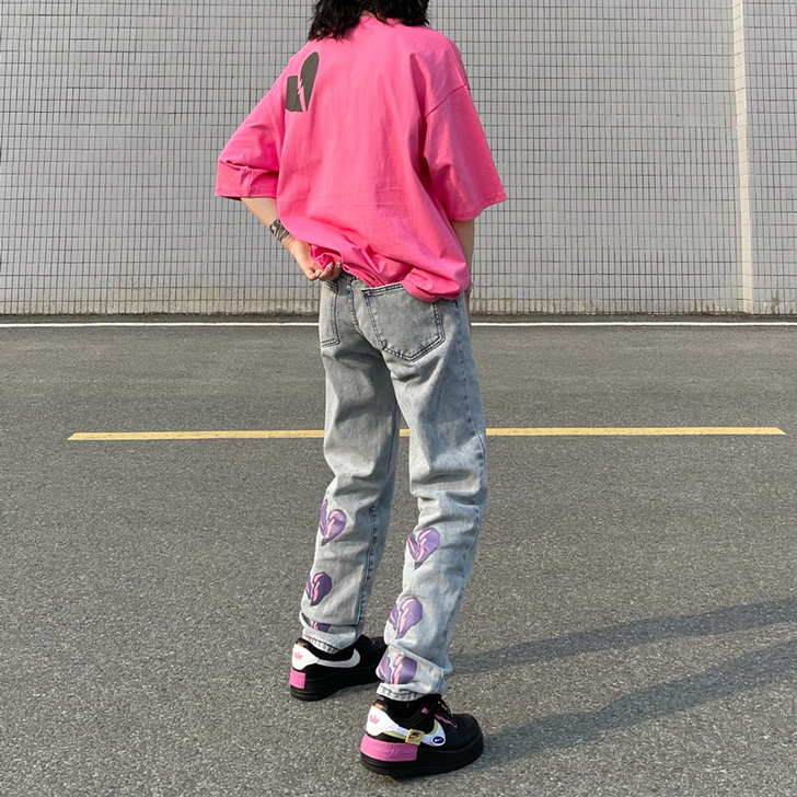 甜酷心碎印花牛仔裤女潮牌浅色小脚美式hip...