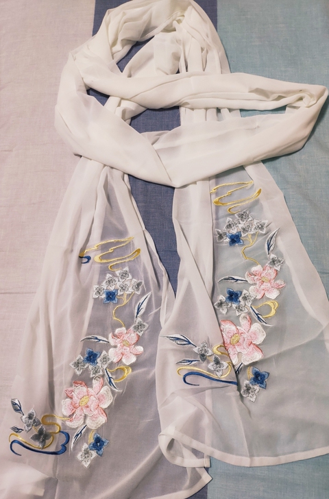 全新汉服女刺绣披帛均码白色雪纺百搭款，飘逸...