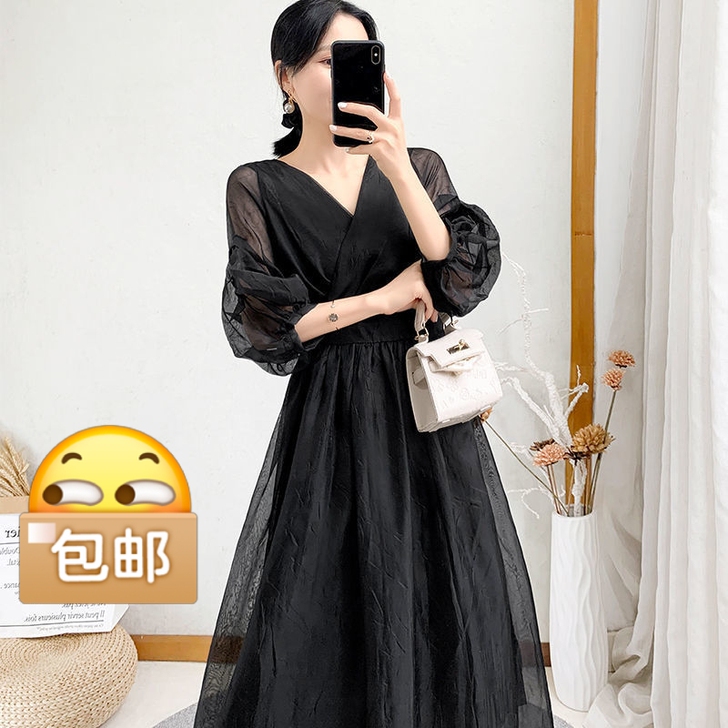 2021年夏装新款女装纯色过膝长款连衣裙修...